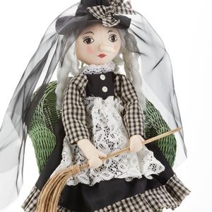 Witch Doll w Broom Black / White w Lace Delton NWT